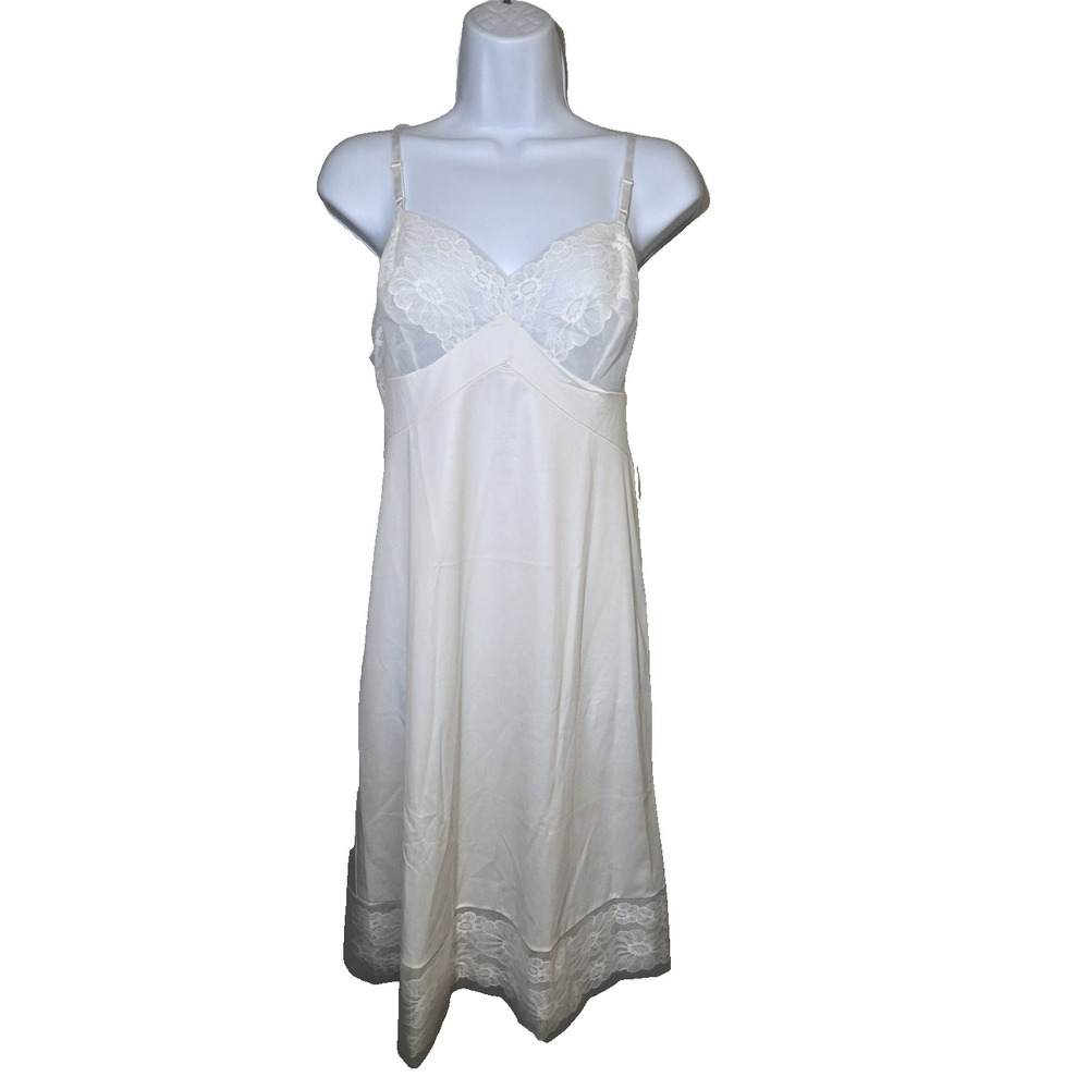 Vanity Fair Slip Dress White Nylon‎ Chiffon Floral Daisy Lace Sz 34 Vintage 80's